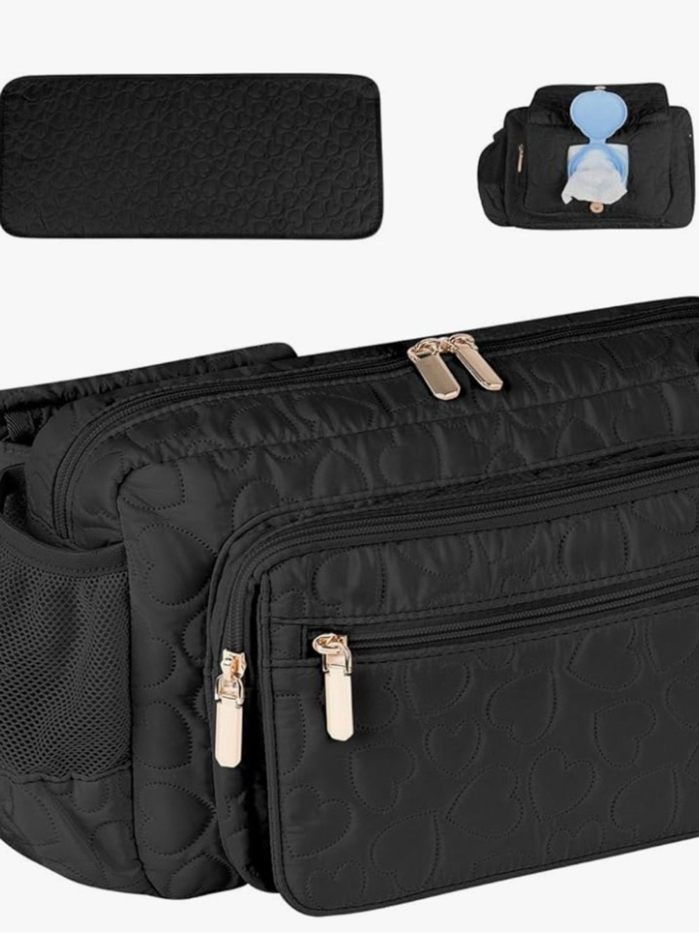 Puffer Quilted Black Hearts Fanny Pack Diaper Bag Women's Compact Crossbody